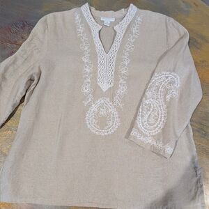 Charter Club 100% Linen Embroidered Beige Tunic Top Size XL Petite